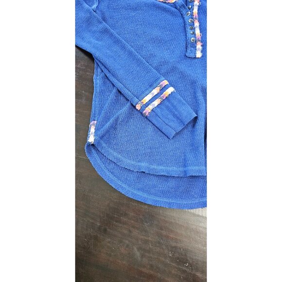 Free People Womens Blue Waffle Knit Henley Top With Embroidered Trim Size S - Picture 3 of 8